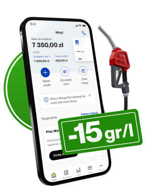Ilustracja: Telefon z aplikacją Wonga Pay i symolem zniżki na paliwo oraz pistoletem dystrybutora paliwa